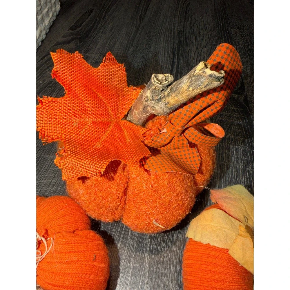 Set of 4 Fabric Pumpkins Autumn Fall Decor Orange Family Wood‎ Slice Accent
